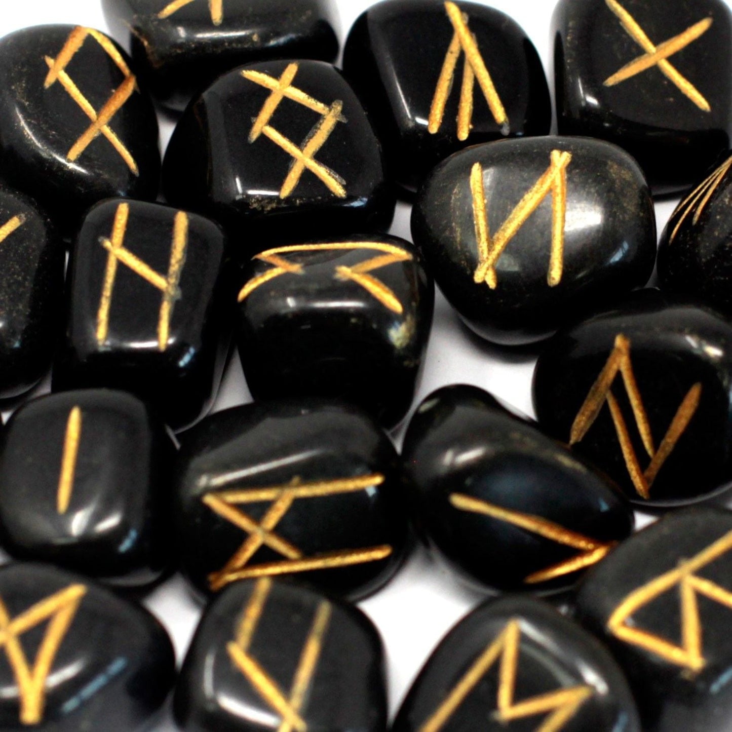 Polished Runes Stone Set In Pouch Black Agate 1 featuring banded patterns and glossy finish - Positive Faith Hope Love