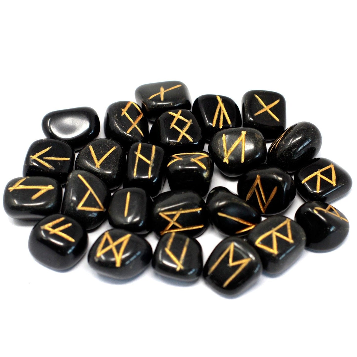 Polished Runes Stone Set in Pouch - Black Agate featuring banded patterns and glossy finish - Positive Faith Hope Love