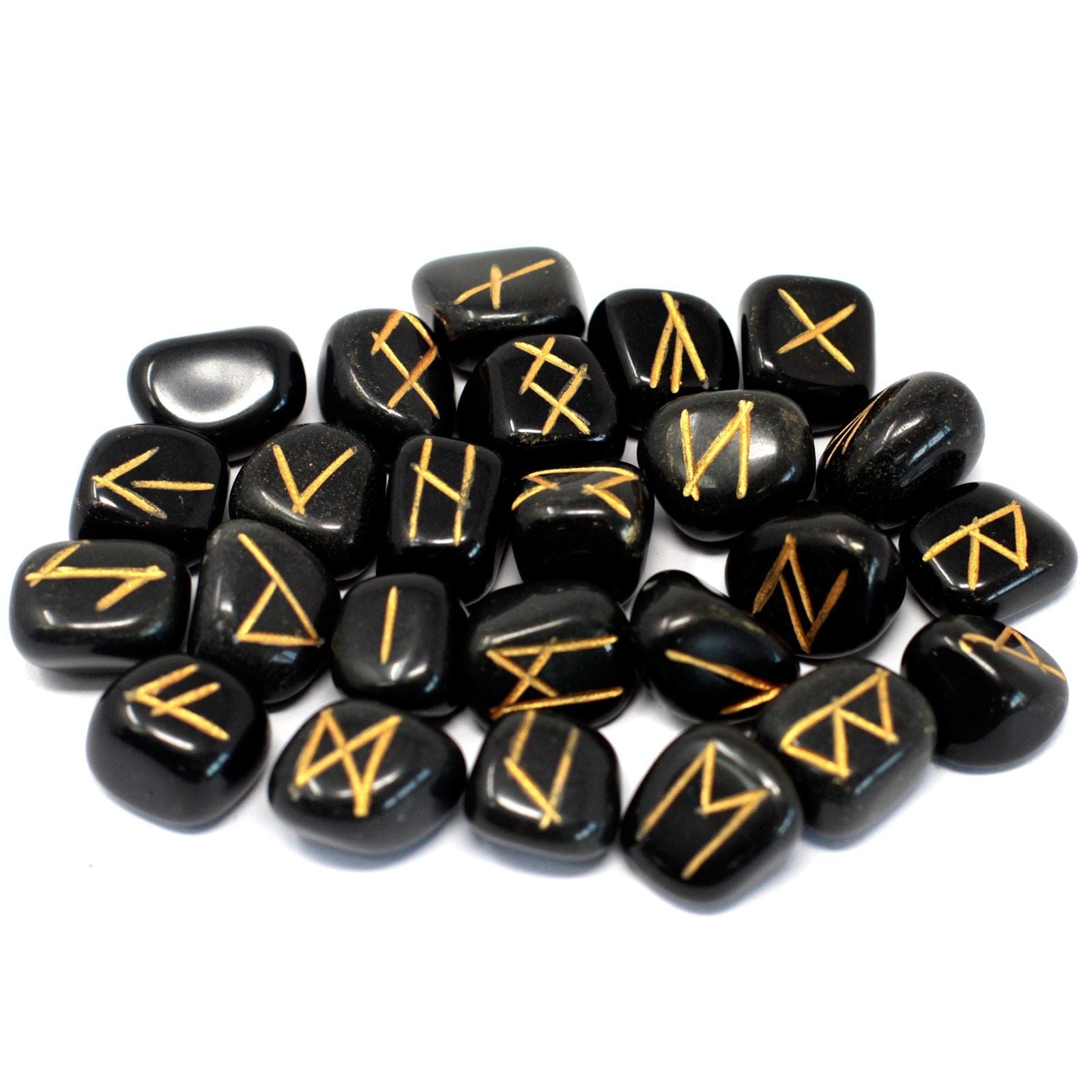 Polished Runes Stone Set in Pouch - Black Agate featuring banded patterns and glossy finish - Positive Faith Hope Love