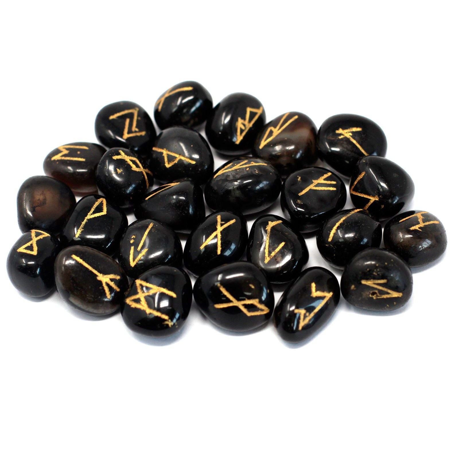 Polished Runes Stone Set in Pouch - Black Onyx featuring natural patterning and unique variations - Positive Faith Hope Love