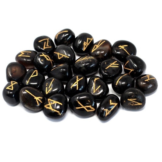Polished Runes Stone Set in Pouch - Black Onyx featuring natural patterning and unique variations - Positive Faith Hope Love