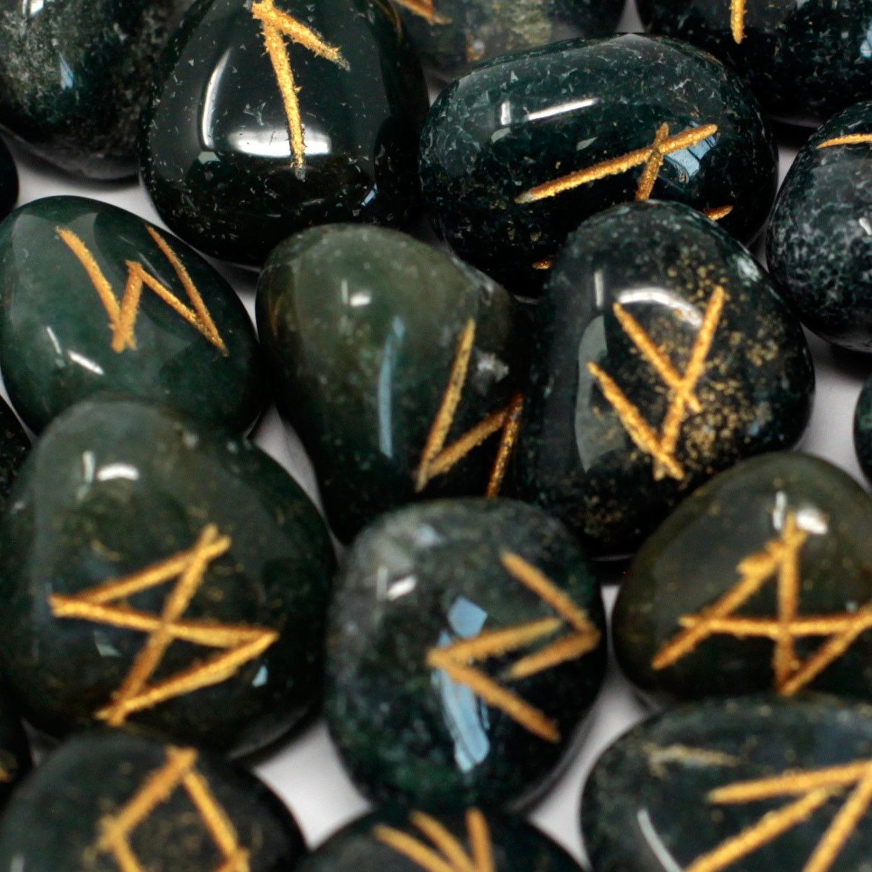 Polished Runes Stone Set In Pouch Bloodstone 1 featuring deep green base with red flecks - Positive Faith Hope Love