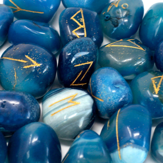 Polished Runes Stone Set In Pouch Blue Onyx featuring natural patterning and unique variations - Positive Faith Hope Love