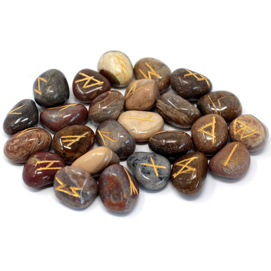 Polished Runes Stone Set in Pouch - Fancy Jasper featuring earthy patterns and matte-gloss finish - Positive Faith Hope Love