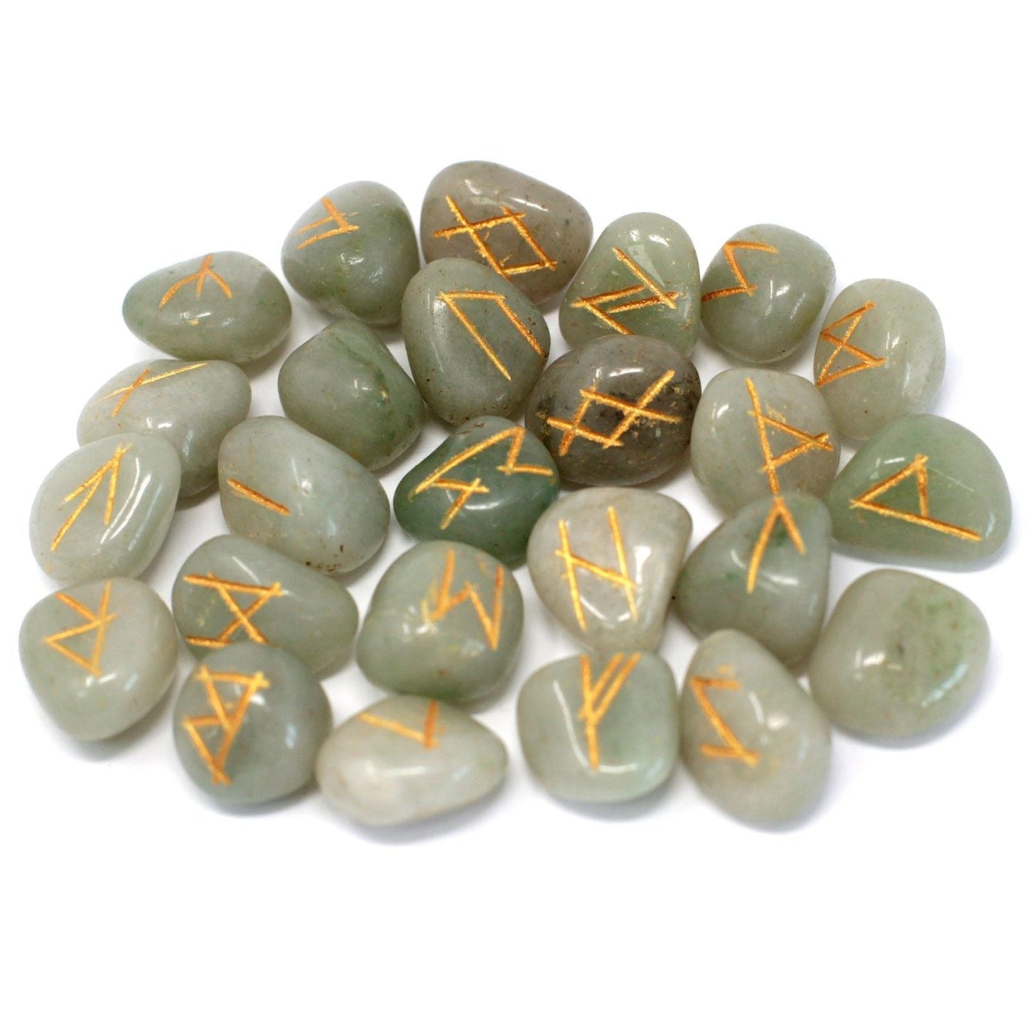 Polished Runes Stone Set in Pouch - Green Aventurine featuring green tone with subtle sparkle - Positive Faith Hope Love