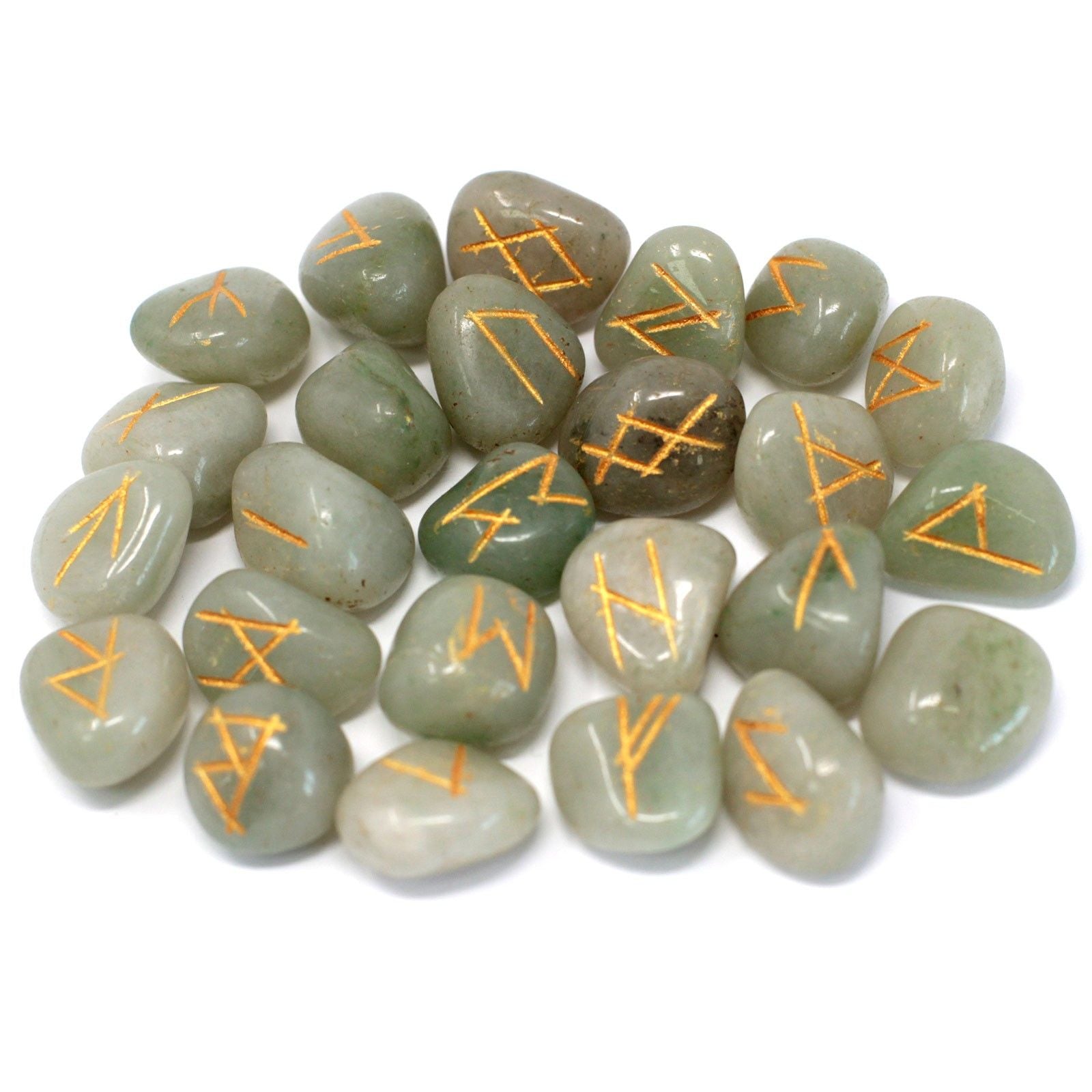 Polished Runes Stone Set in Pouch - Green Aventurine featuring green tone with subtle sparkle - Positive Faith Hope Love