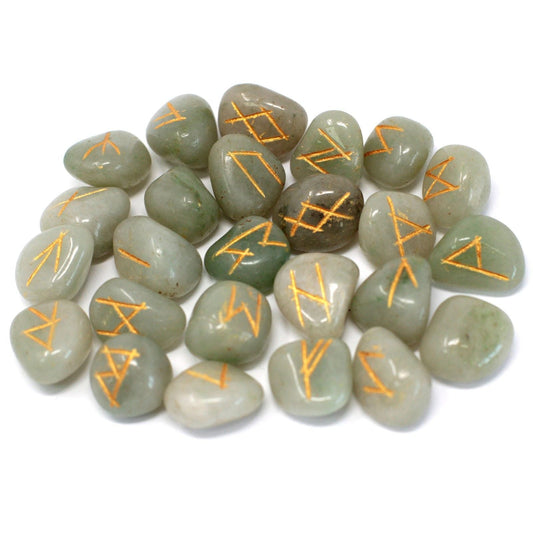 Polished Runes Stone Set in Pouch - Green Aventurine featuring green tone with subtle sparkle - Positive Faith Hope Love