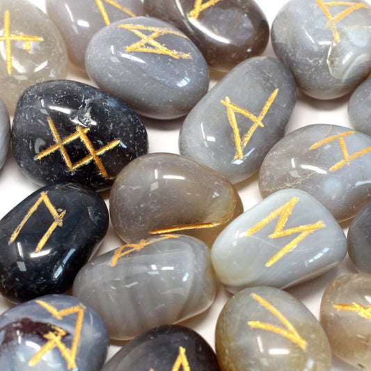 Polished Runes Stone Set In Pouch Grey Agate 1 featuring banded patterns and glossy finish - Positive Faith Hope Love