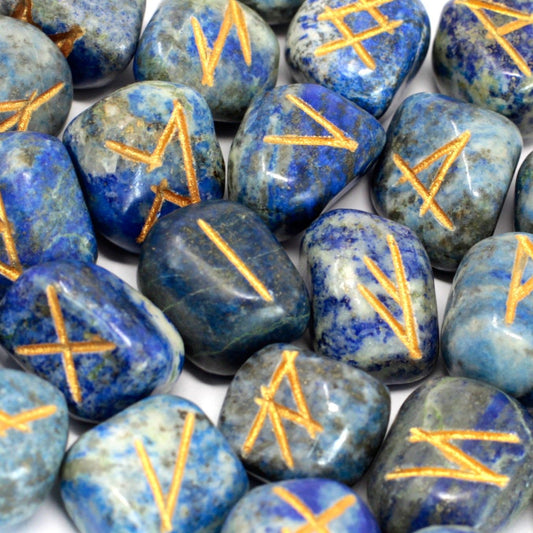 Polished Runes Stone Set In Pouch Lapis 1 featuring royal blue tone with gold flecks - Positive Faith Hope Love