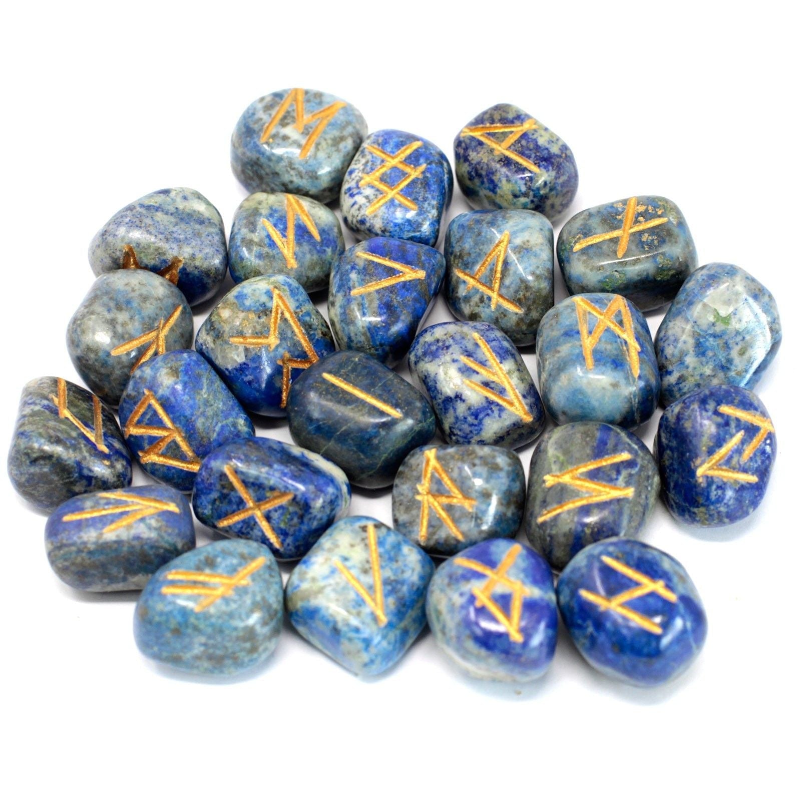 Polished Runes Stone Set in Pouch - Lapis featuring royal blue tone with gold flecks - Positive Faith Hope Love