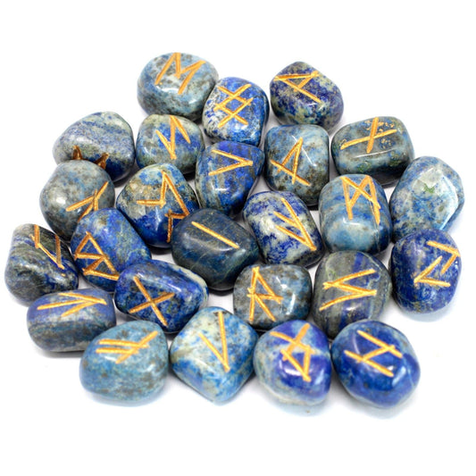 Polished Runes Stone Set in Pouch - Lapis featuring royal blue tone with gold flecks - Positive Faith Hope Love