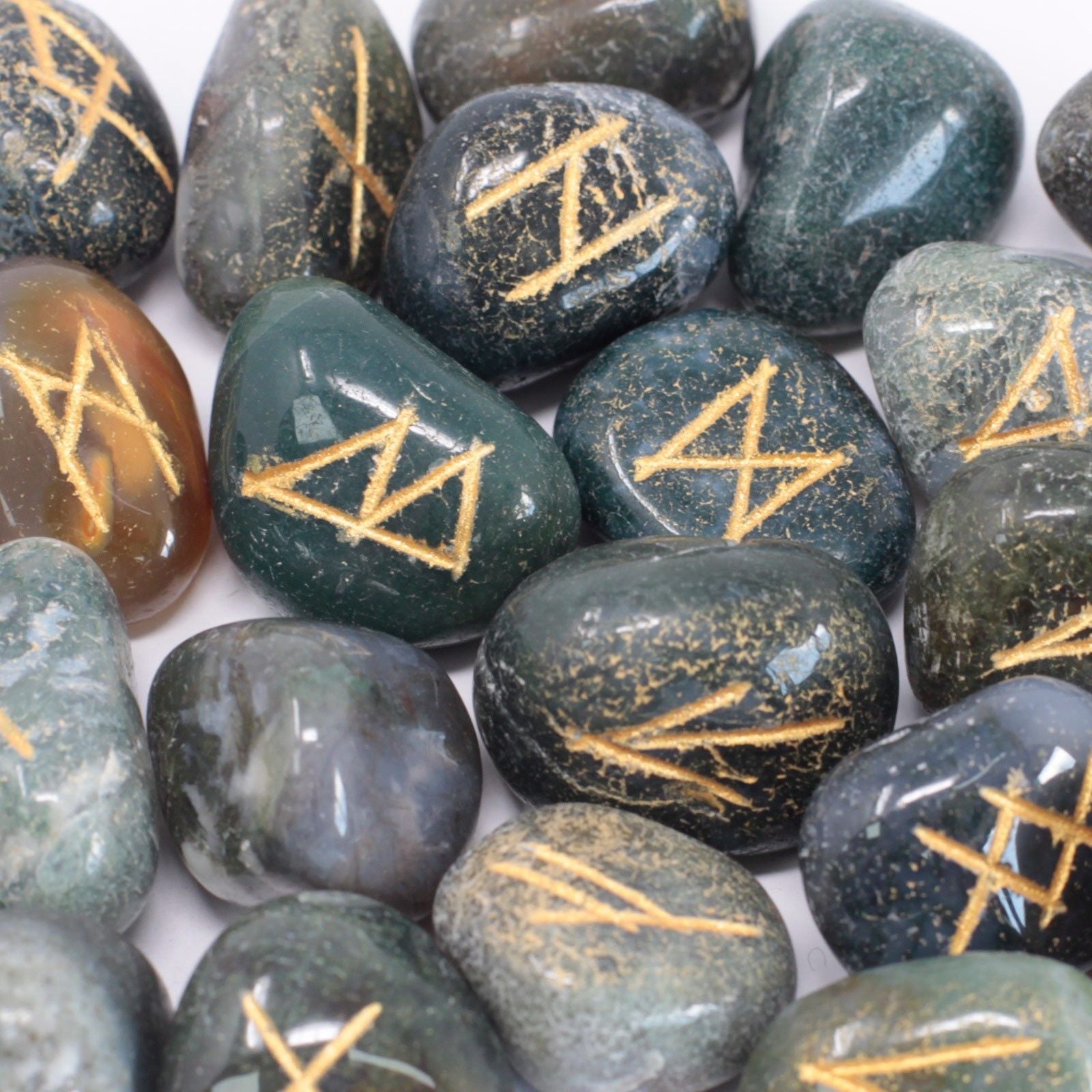 Polished Runes Stone Set In Pouch Moss Agate featuring green mossy inclusions in translucent base - Positive Faith Hope Love