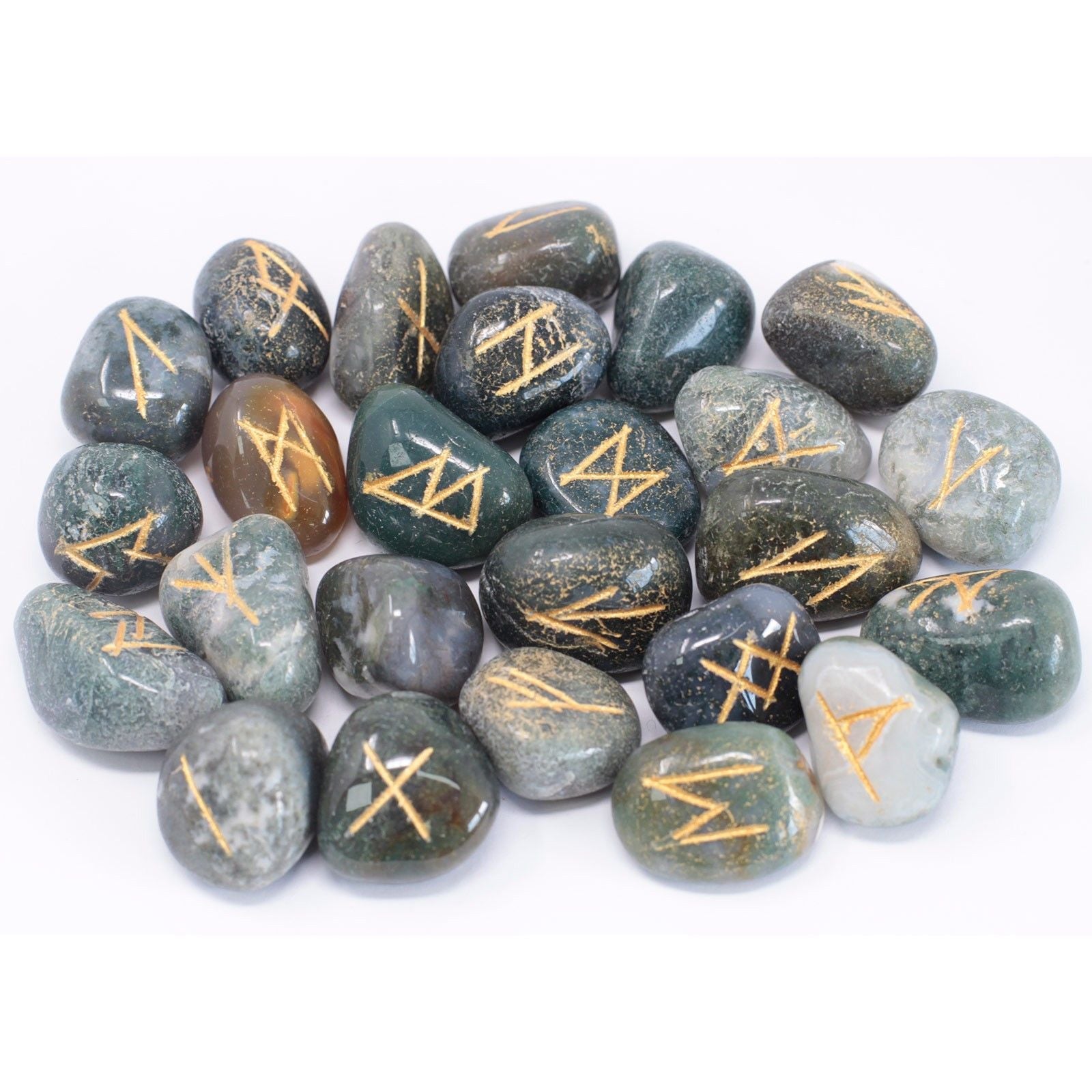 Polished Runes Stone Set in Pouch - Moss Agate featuring green mossy inclusions in translucent base - Positive Faith Hope Love