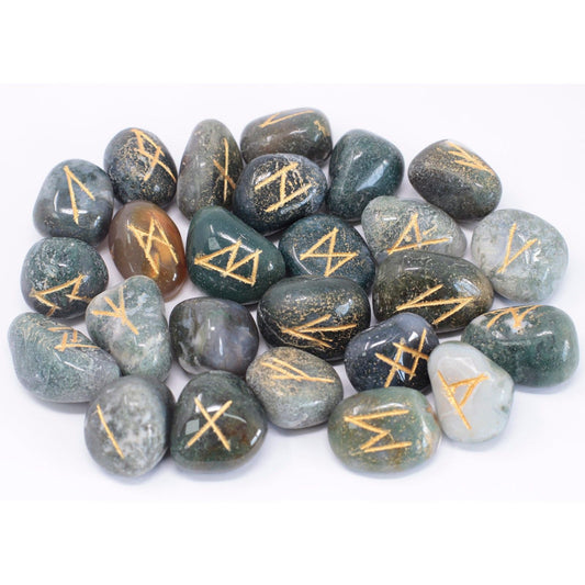 Polished Runes Stone Set in Pouch - Moss Agate featuring green mossy inclusions in translucent base - Positive Faith Hope Love