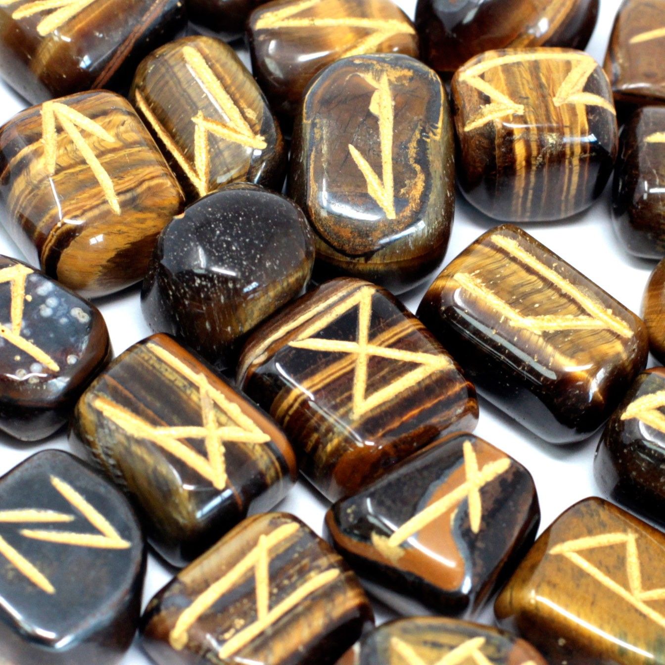 Polished Runes Stone Set In Pouch Tiger Eye featuring natural patterning and unique variations - Positive Faith Hope Love