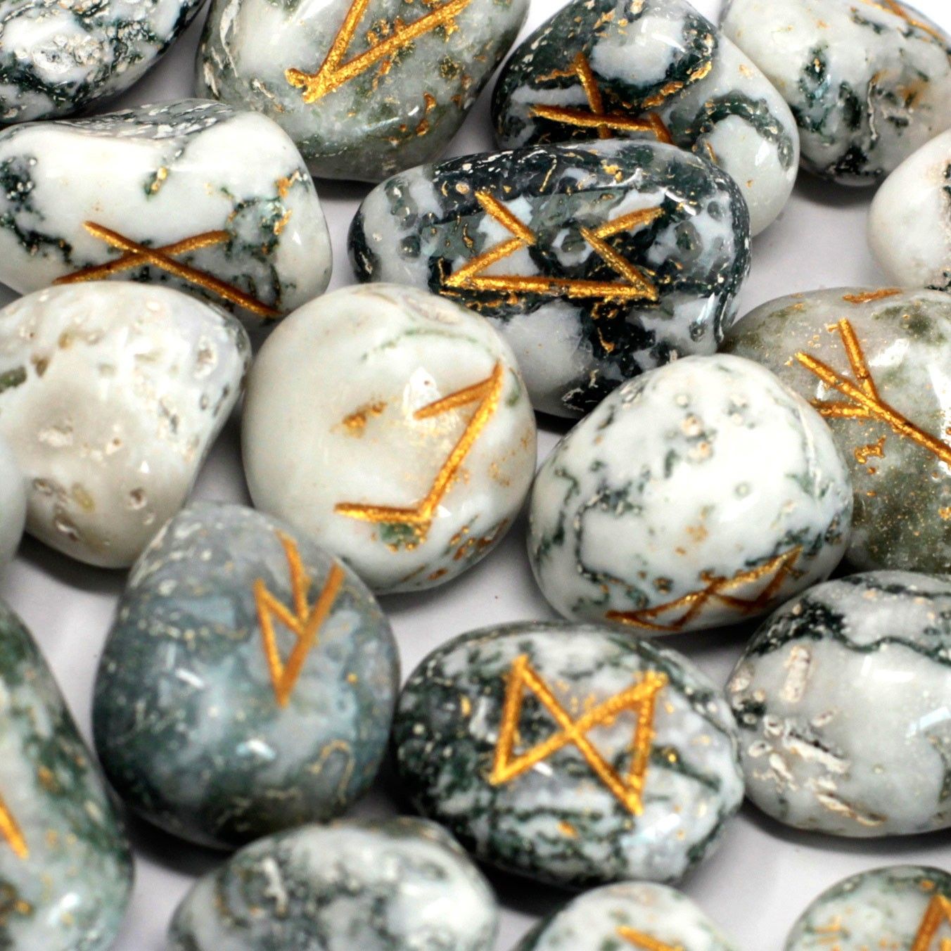 Polished Runes Stone Set in Pouch - Tree Agate featuring banded patterns and glossy finish - Positive Faith Hope Love