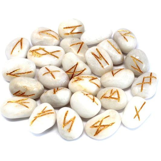 Polished Runes Stone Set in Pouch - White Agate featuring banded patterns and glossy finish - Positive Faith Hope Love
