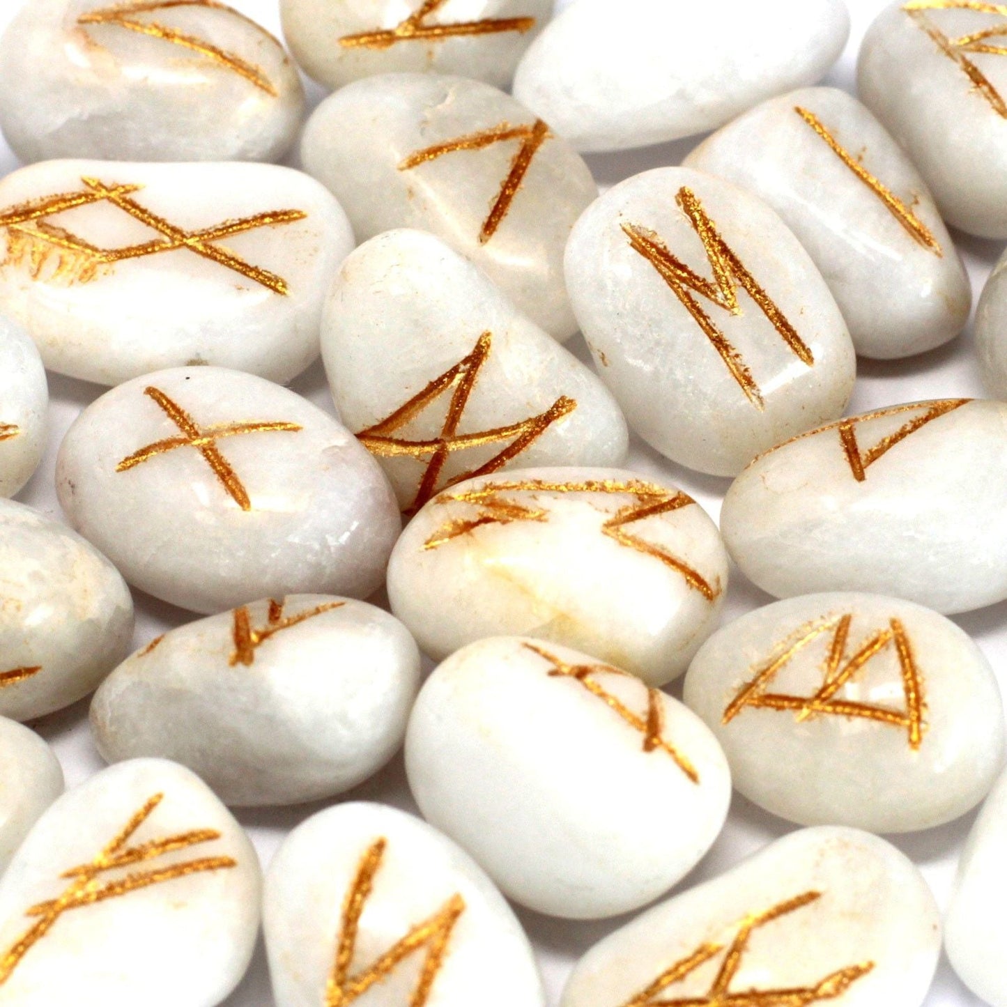 Polished Runes Stone Set In Pouch White Agate featuring banded patterns and glossy finish - Positive Faith Hope Love