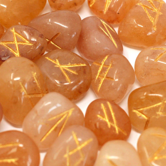 Polished Runes Stone Set In Pouch Yellow Aventurine 2 featuring green tone with subtle sparkle - Positive Faith Hope Love