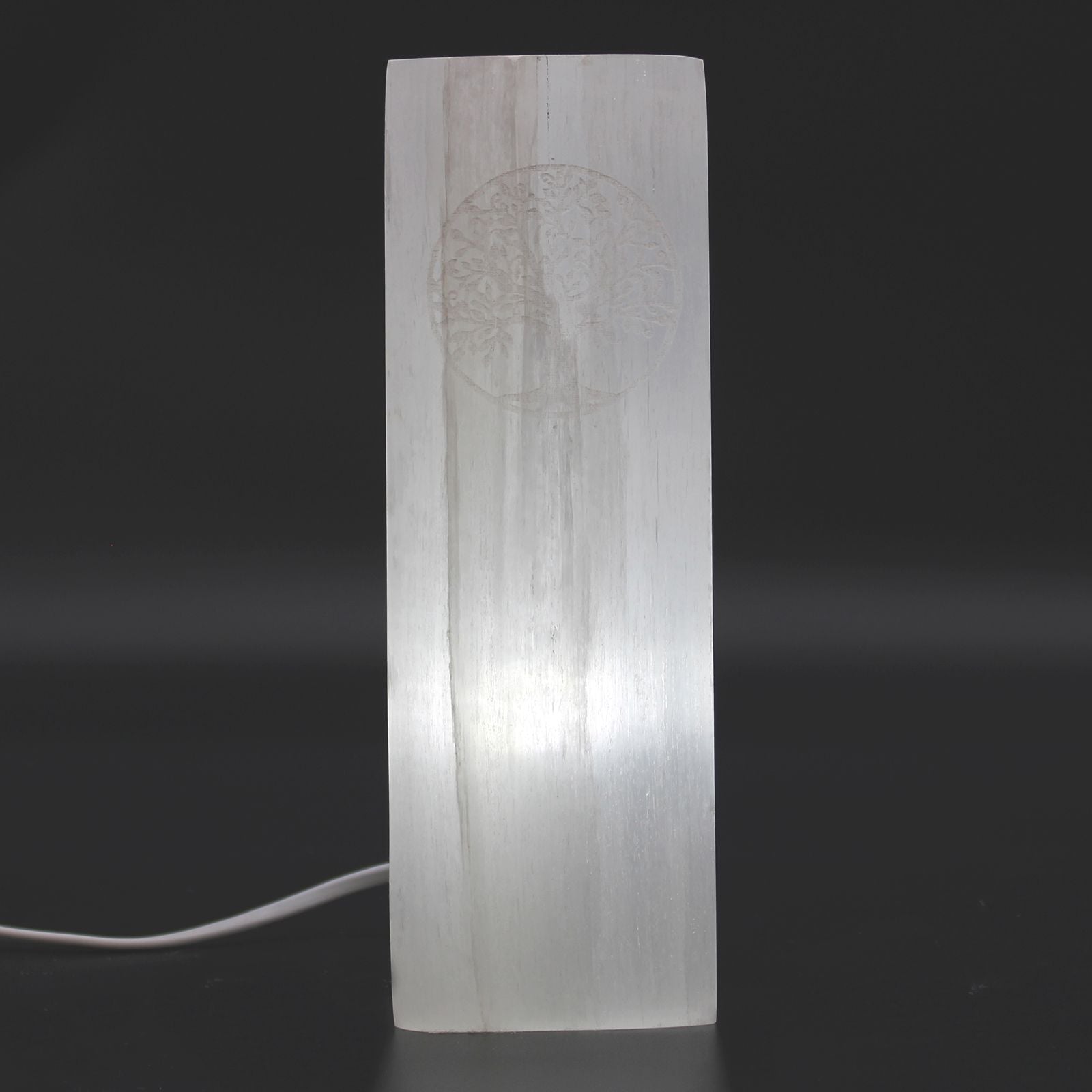 Polished Selenite Block Lamp 25Cm Chakra Lamp featuring satin white sheen and fibrous texture - Positive Faith Hope Love