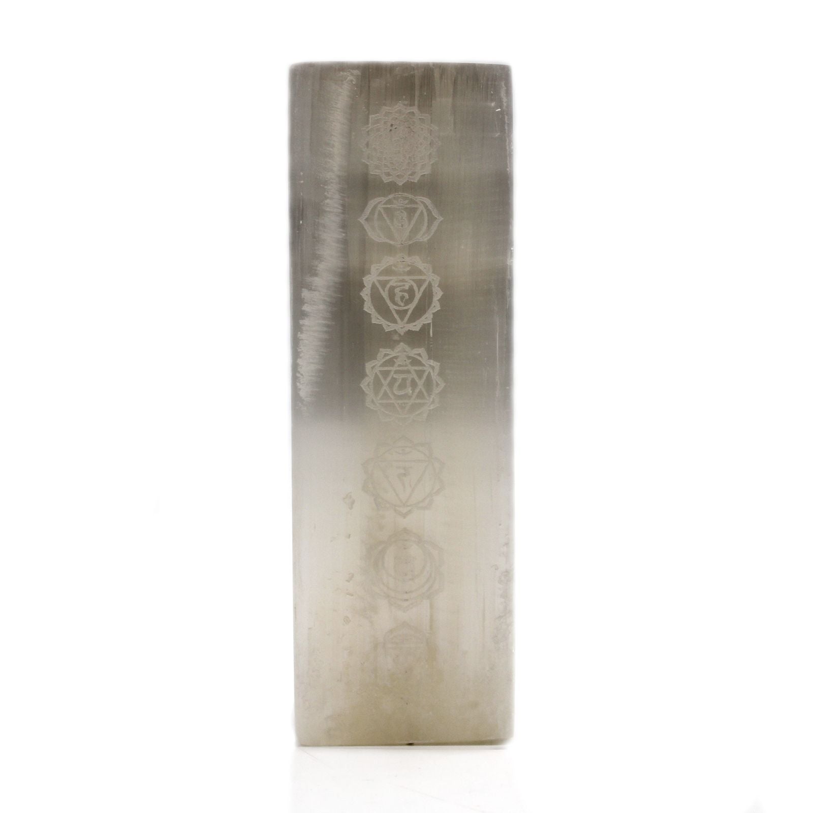 Polished Selenite Block Lamp 25Cm Chakra Lamp featuring satin white sheen and fibrous texture - Positive Faith Hope Love