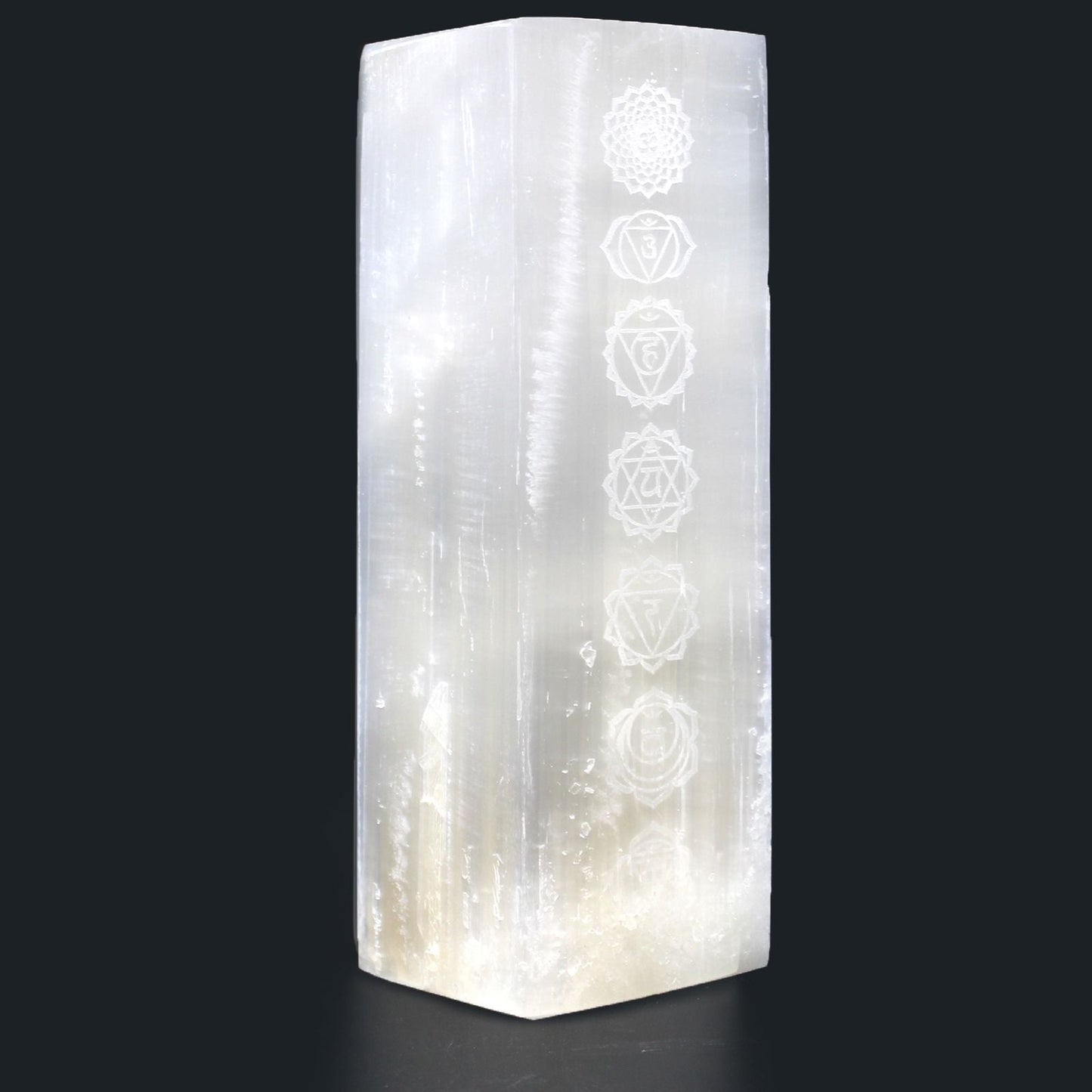 Polished Selenite Block Lamp 25Cm Chakra Lamp featuring satin white sheen and fibrous texture - Positive Faith Hope Love