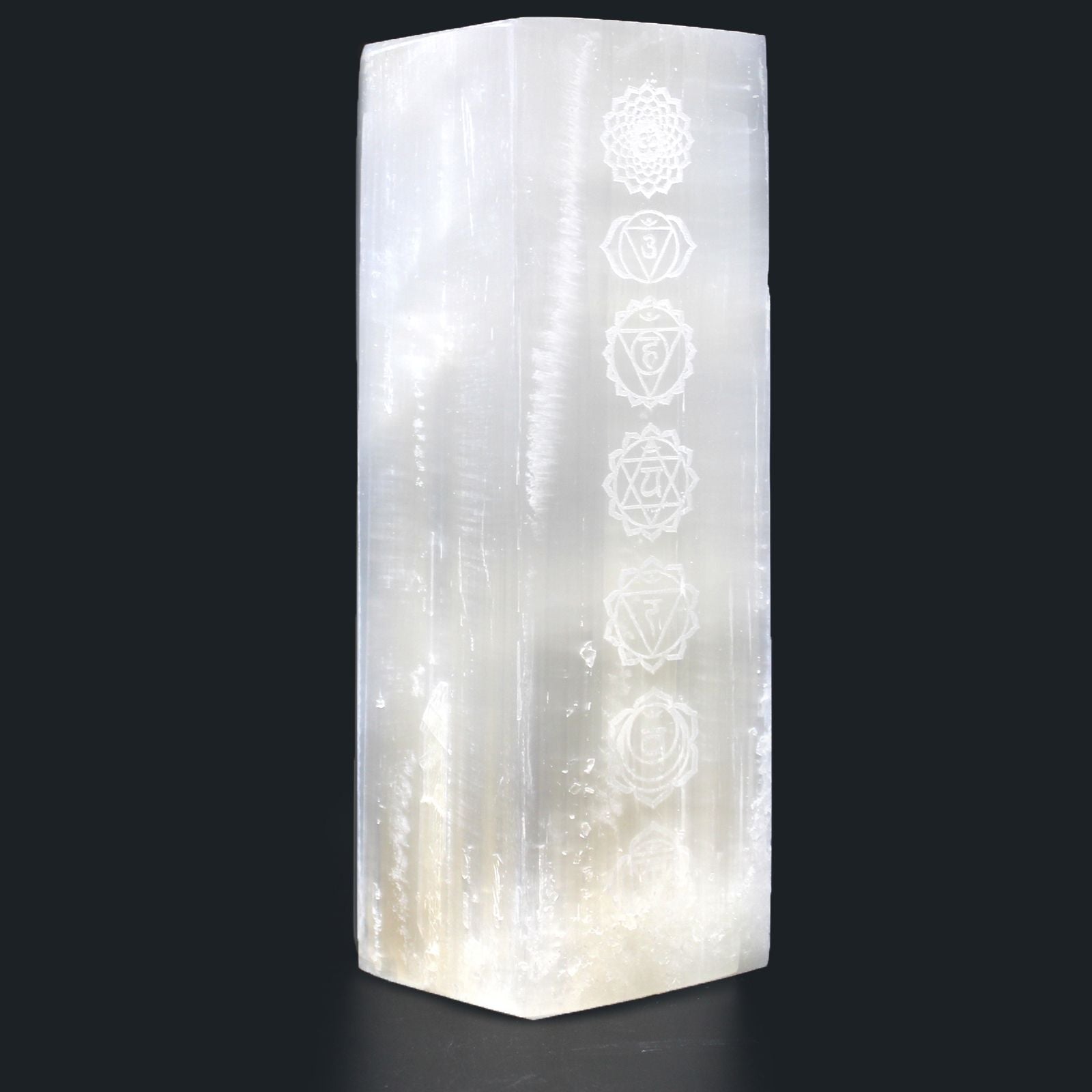 Polished Selenite Block Lamp 25Cm Chakra Lamp featuring satin white sheen and fibrous texture - Positive Faith Hope Love