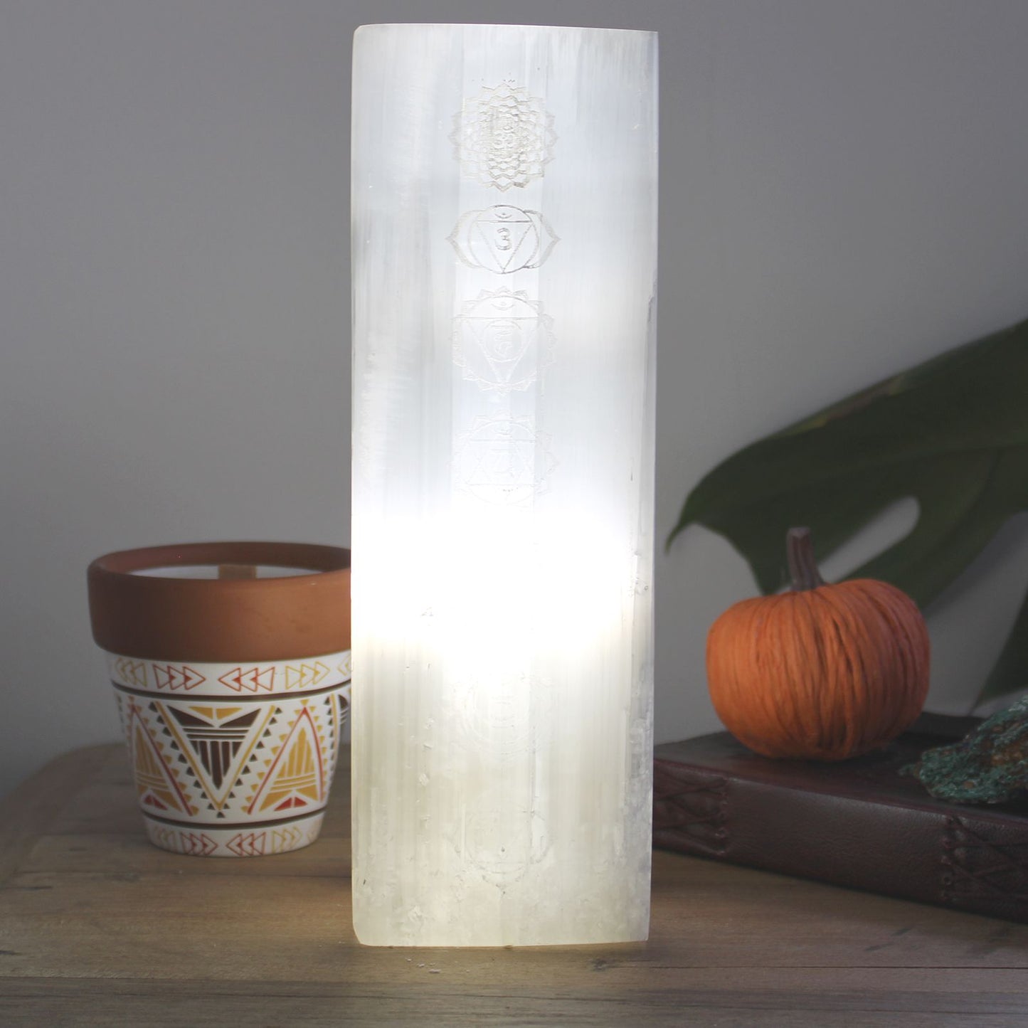 Polished Selenite Block Lamp 25cm - Chakra Lamp featuring satin white sheen and fibrous texture - Positive Faith Hope Love