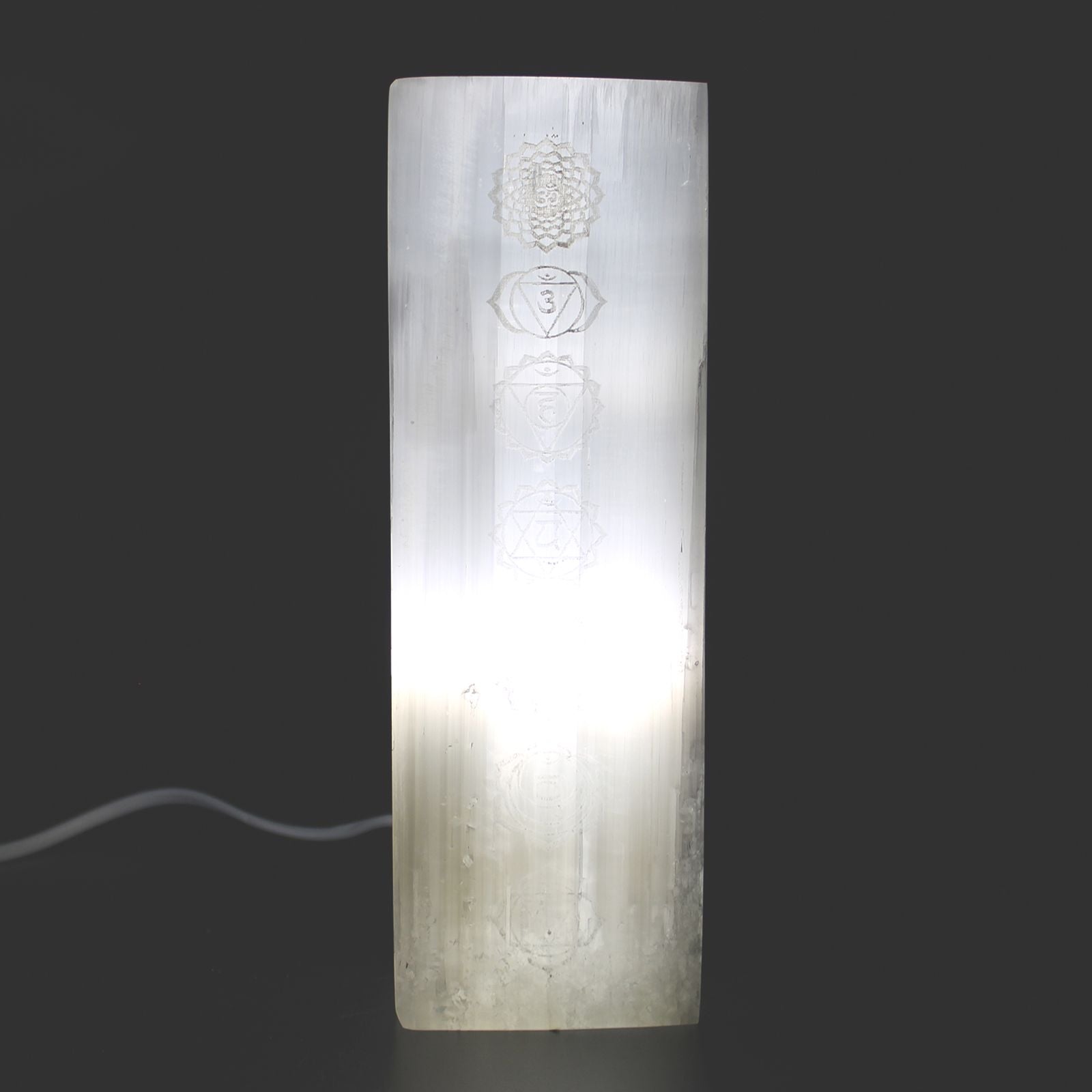 Polished Selenite Block Lamp 25Cm Chakra Lamp featuring satin white sheen and fibrous texture - Positive Faith Hope Love
