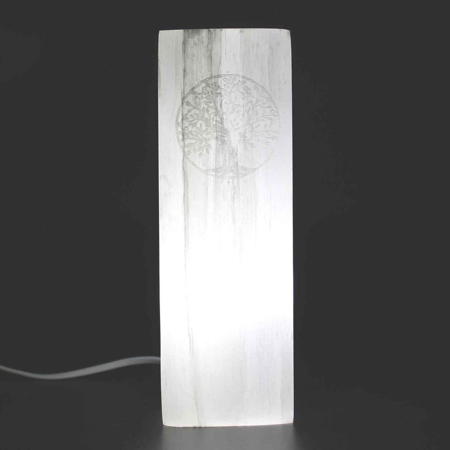 Polished Selenite Block Lamp 25Cm Tree Of Life featuring satin white sheen and fibrous texture - Positive Faith Hope Love