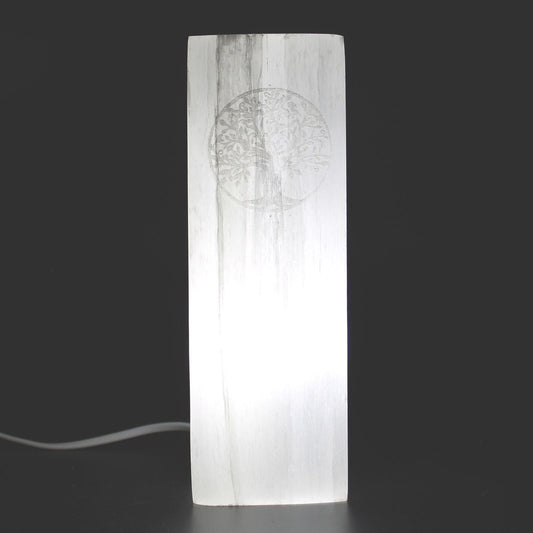 Polished Selenite Block Lamp 25Cm Tree Of Life featuring satin white sheen and fibrous texture - Positive Faith Hope Love