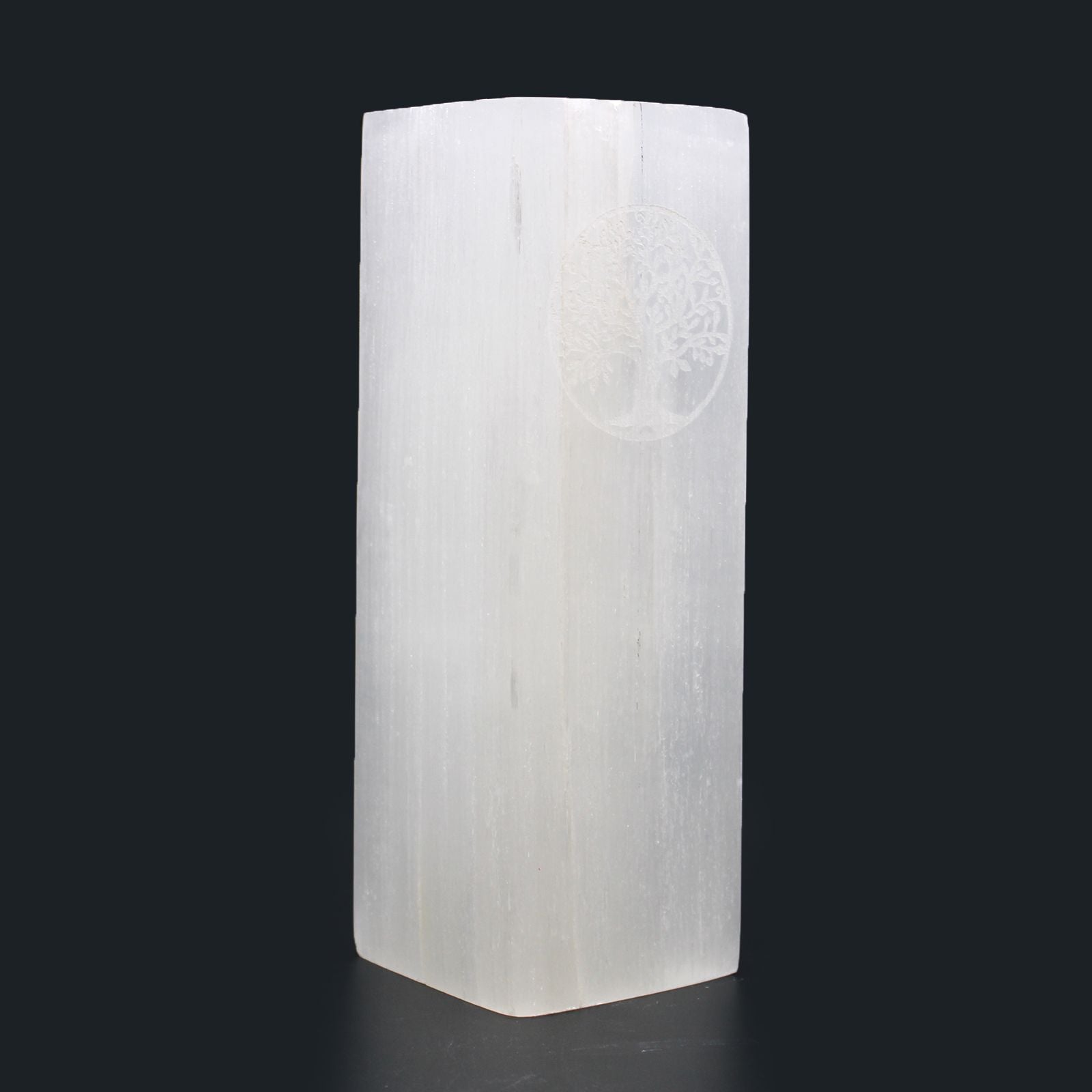 Polished Selenite Block Lamp 25Cm Tree Of Life featuring satin white sheen and fibrous texture - Positive Faith Hope Love