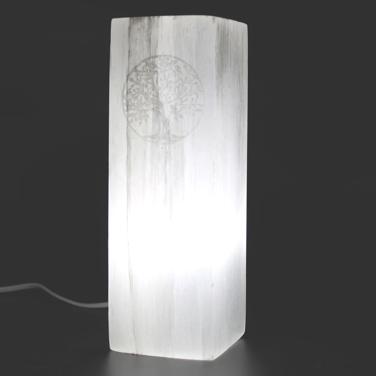 Polished Selenite Block Lamp 25Cm Tree Of Life featuring satin white sheen and fibrous texture - Positive Faith Hope Love