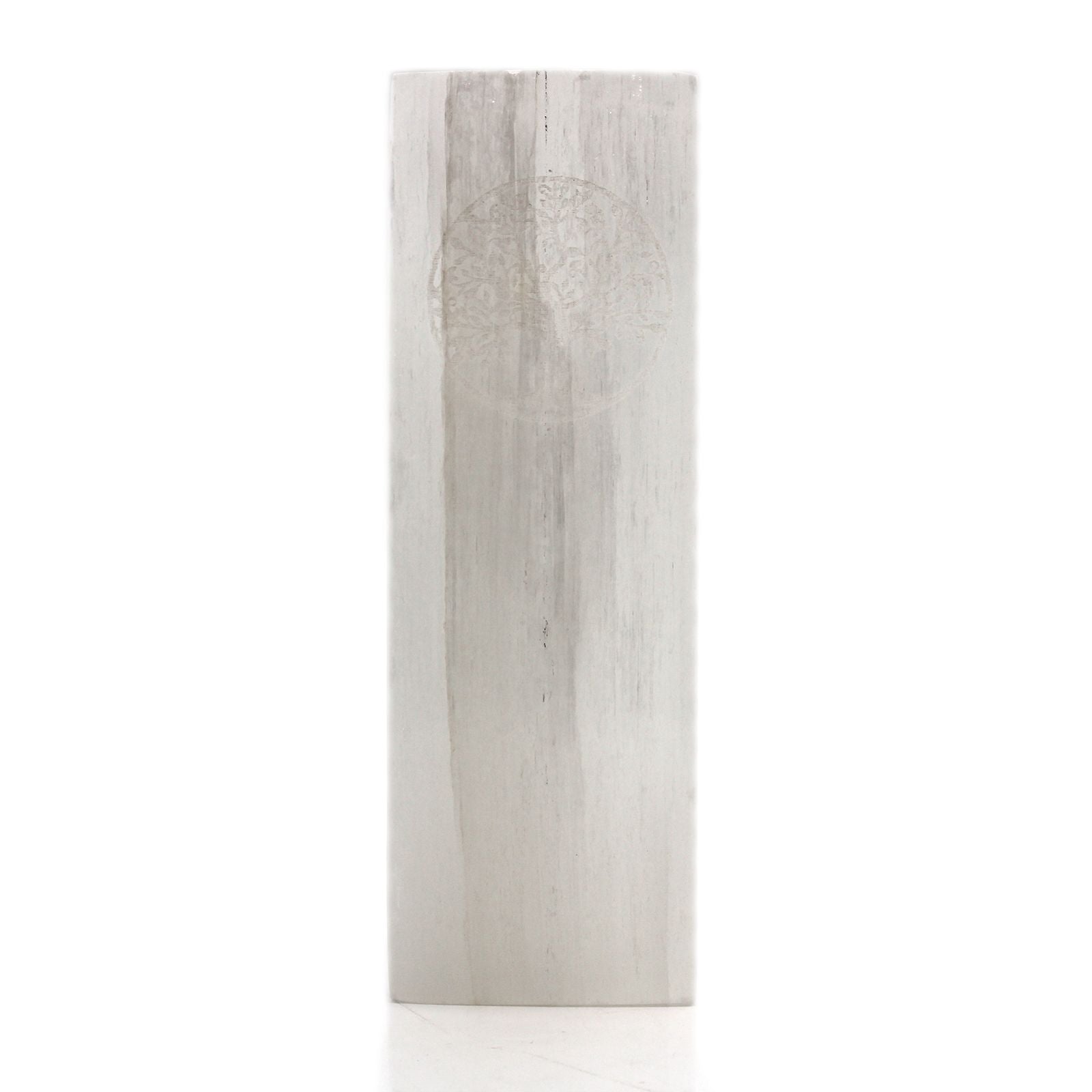 Polished Selenite Block Lamp 25Cm Tree Of Life featuring satin white sheen and fibrous texture - Positive Faith Hope Love