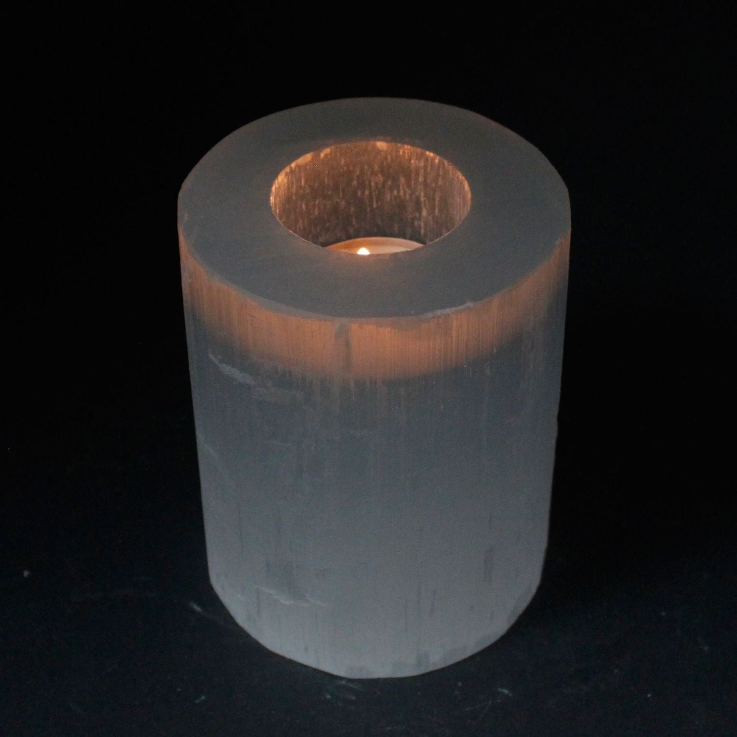 Polished Selenite Cylinder Candle Holder 10 Cm featuring satin white sheen and fibrous texture - Positive Faith Hope Love