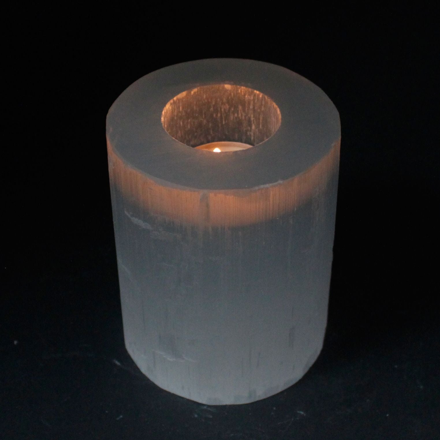 Polished Selenite Cylinder Candle Holder 10 Cm featuring satin white sheen and fibrous texture - Positive Faith Hope Love