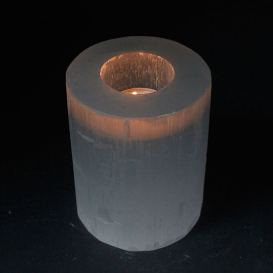 Polished Selenite Cylinder Candle Holder 10 Cm featuring satin white sheen and fibrous texture - Positive Faith Hope Love