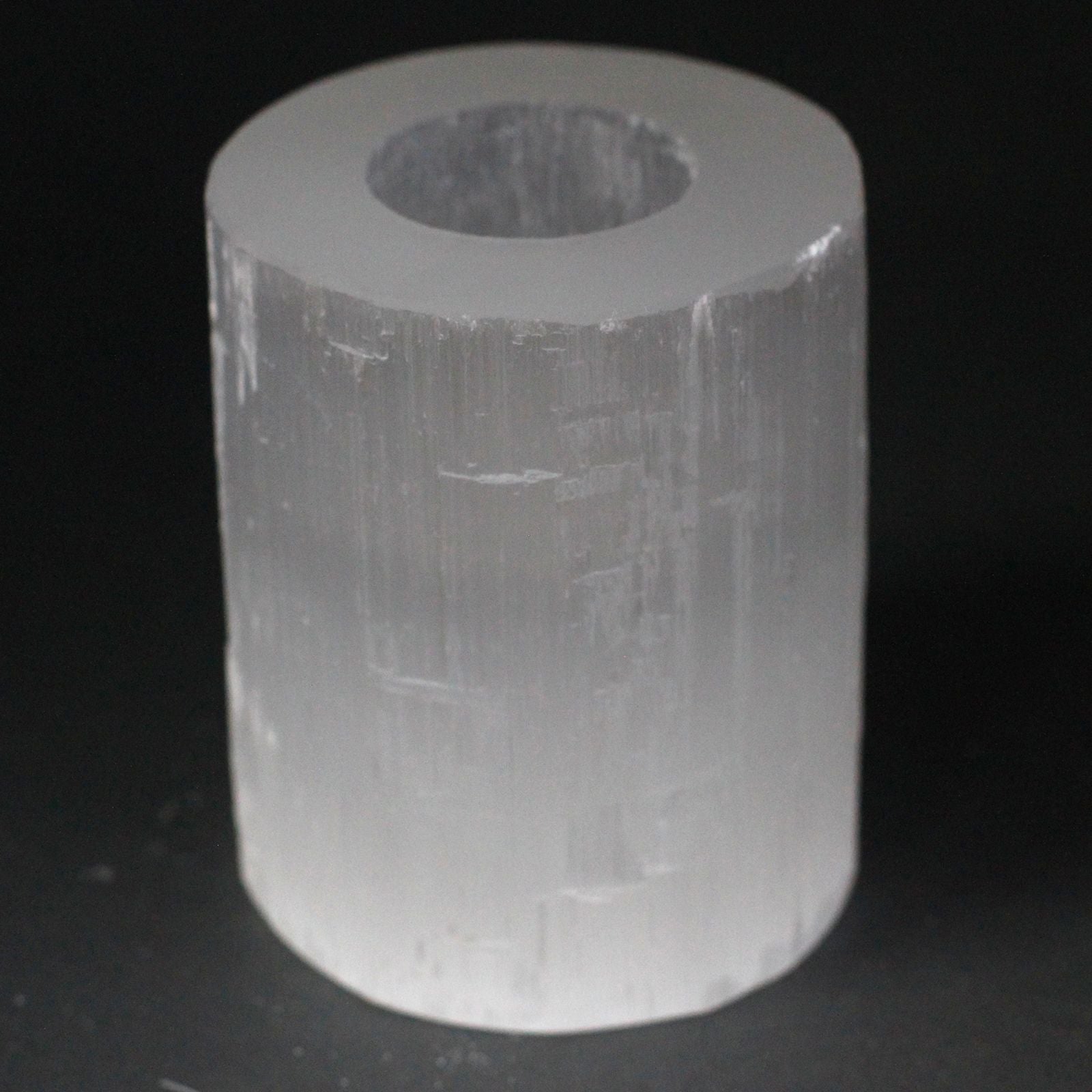 Polished Selenite Cylinder Candle Holder - 10 cm featuring satin white sheen and fibrous texture - Positive Faith Hope Love