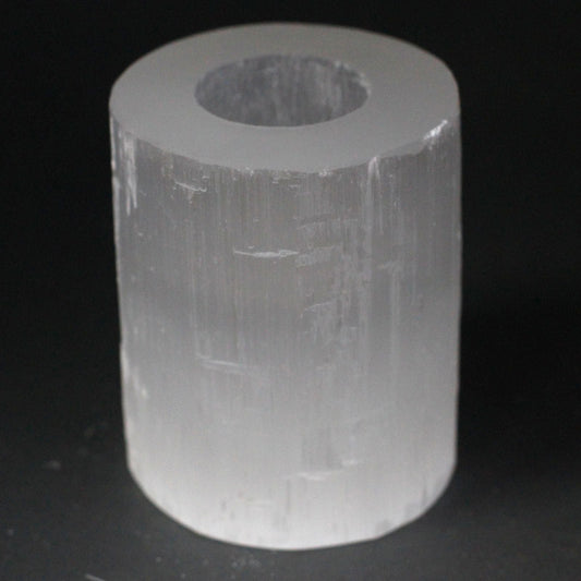 Polished Selenite Cylinder Candle Holder - 10 cm featuring satin white sheen and fibrous texture - Positive Faith Hope Love