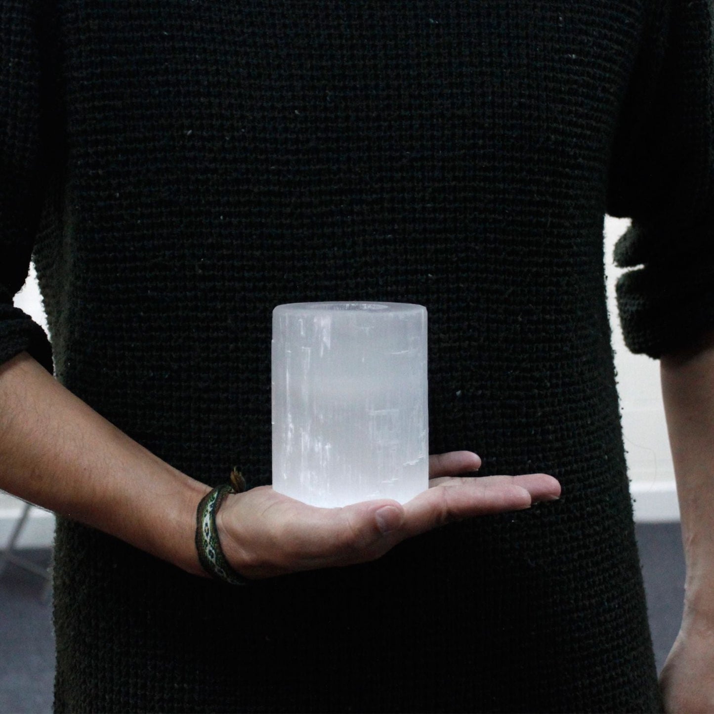 Polished Selenite Cylinder Candle Holder 10 Cm featuring satin white sheen and fibrous texture - Positive Faith Hope Love