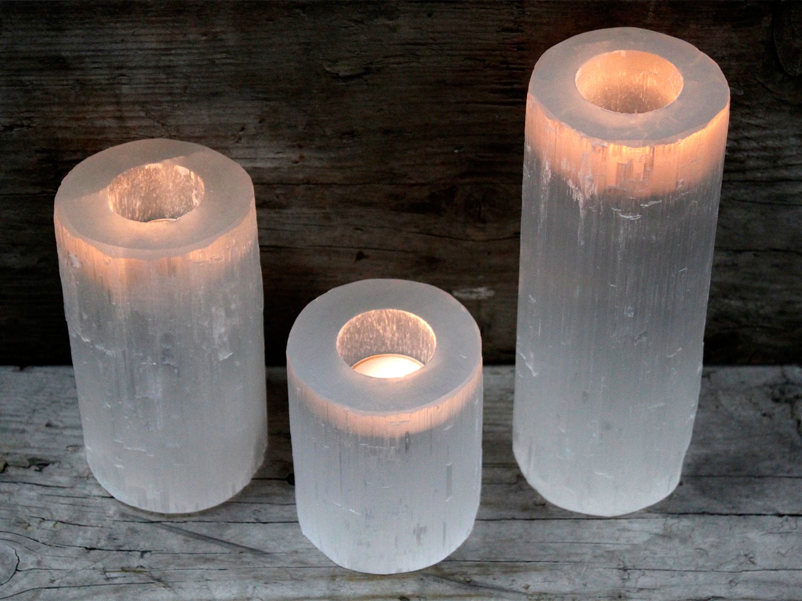 Polished Selenite Cylinder Candle Holder 15 Cm featuring satin white sheen and fibrous texture - Positive Faith Hope Love