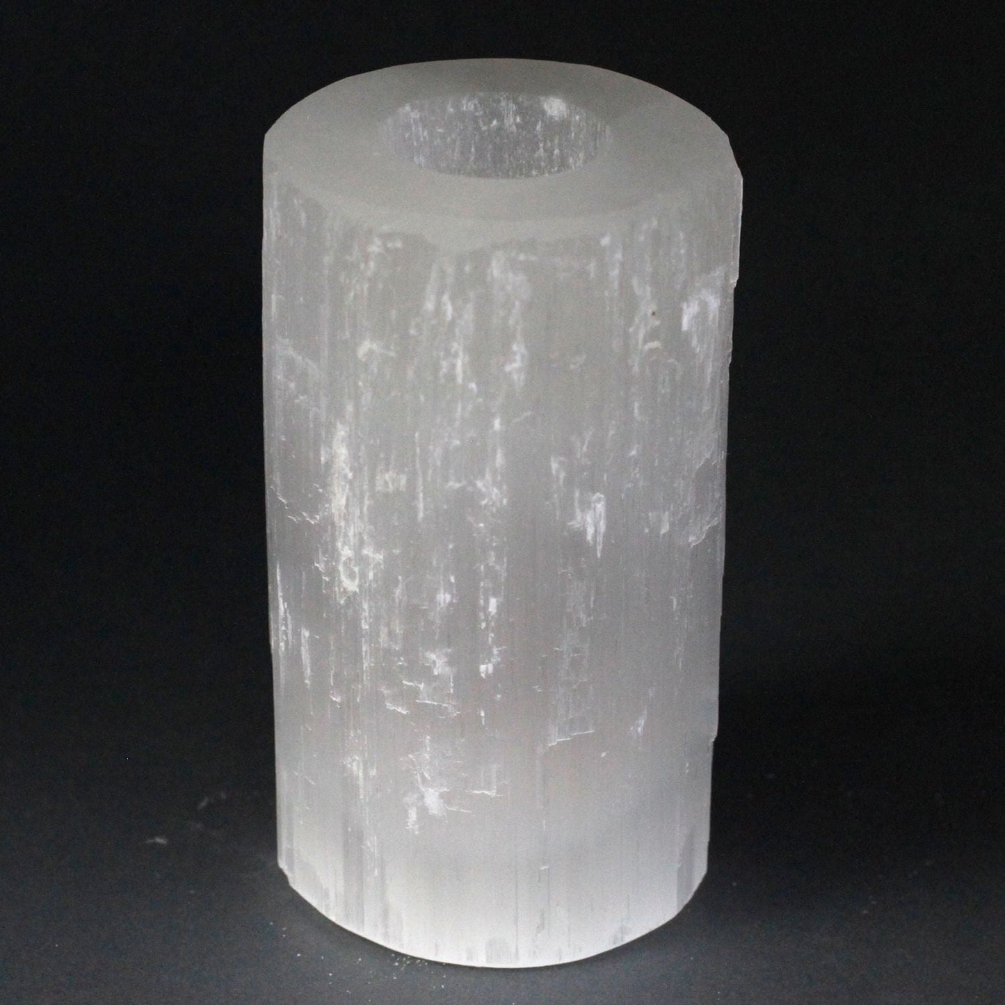 Polished Selenite Cylinder Candle Holder - 15 cm featuring satin white sheen and fibrous texture - Positive Faith Hope Love