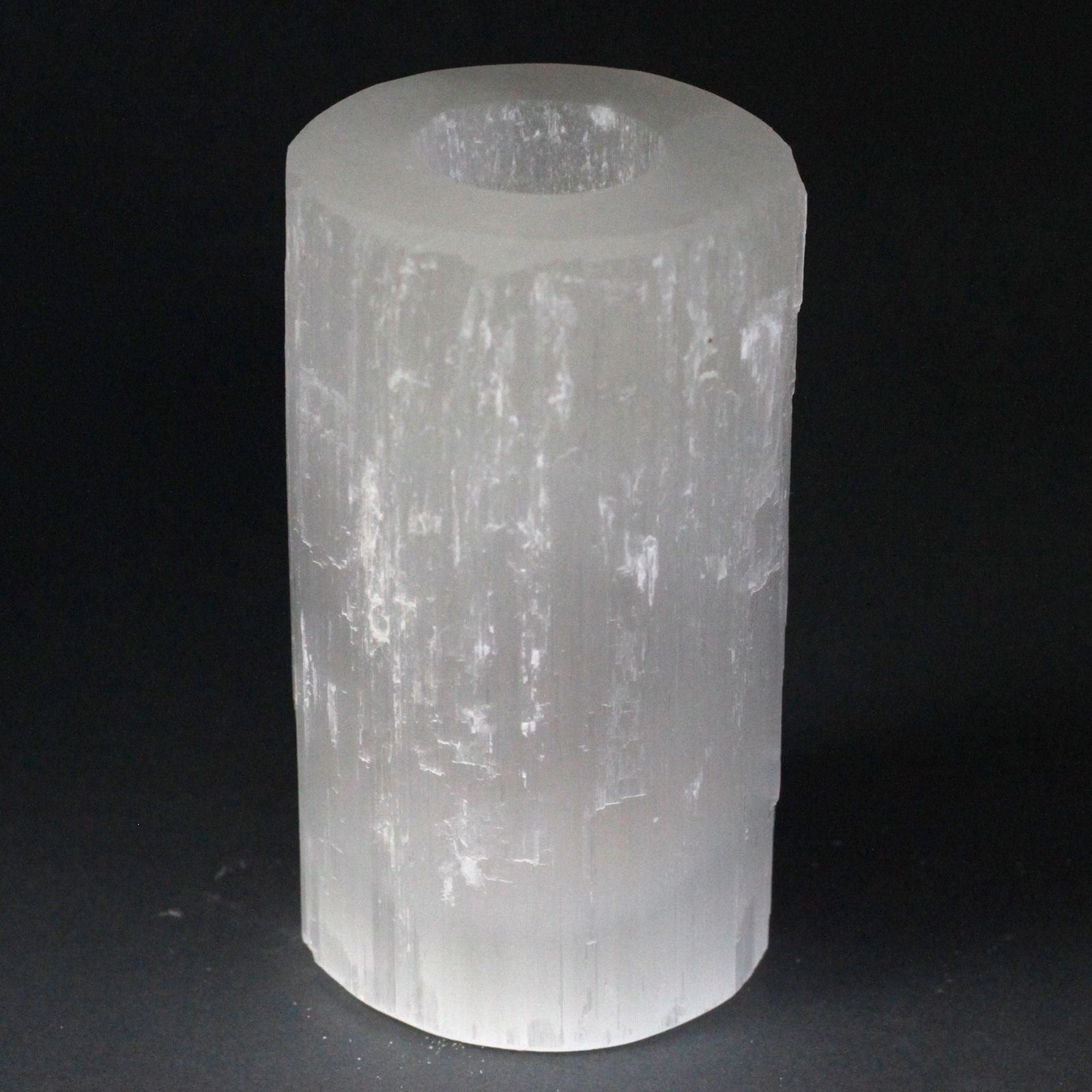 Polished Selenite Cylinder Candle Holder - 15 cm featuring satin white sheen and fibrous texture - Positive Faith Hope Love