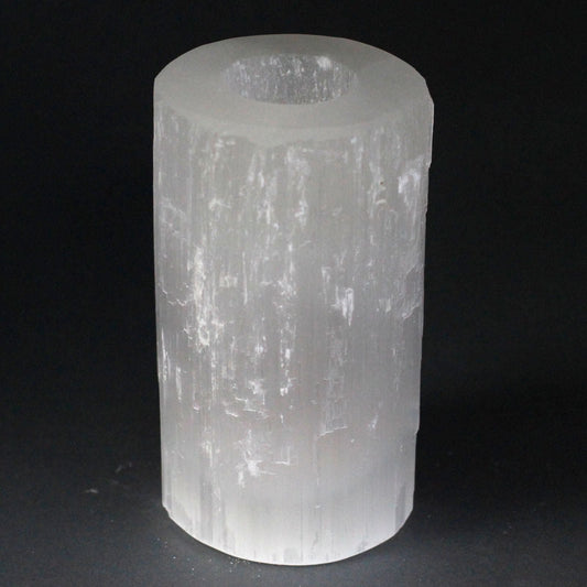 Polished Selenite Cylinder Candle Holder - 15 cm featuring satin white sheen and fibrous texture - Positive Faith Hope Love