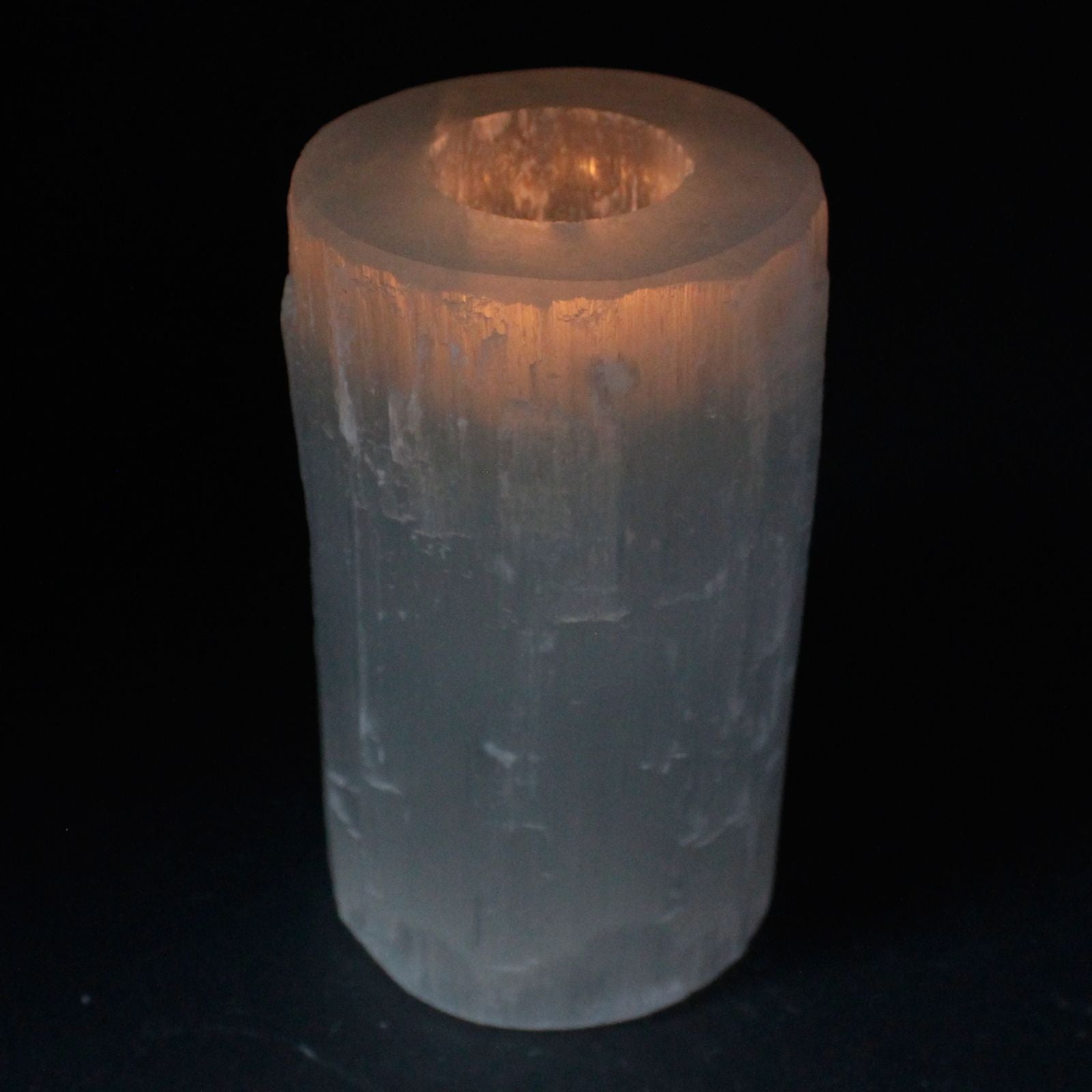 Polished Selenite Cylinder Candle Holder 15 Cm featuring satin white sheen and fibrous texture - Positive Faith Hope Love