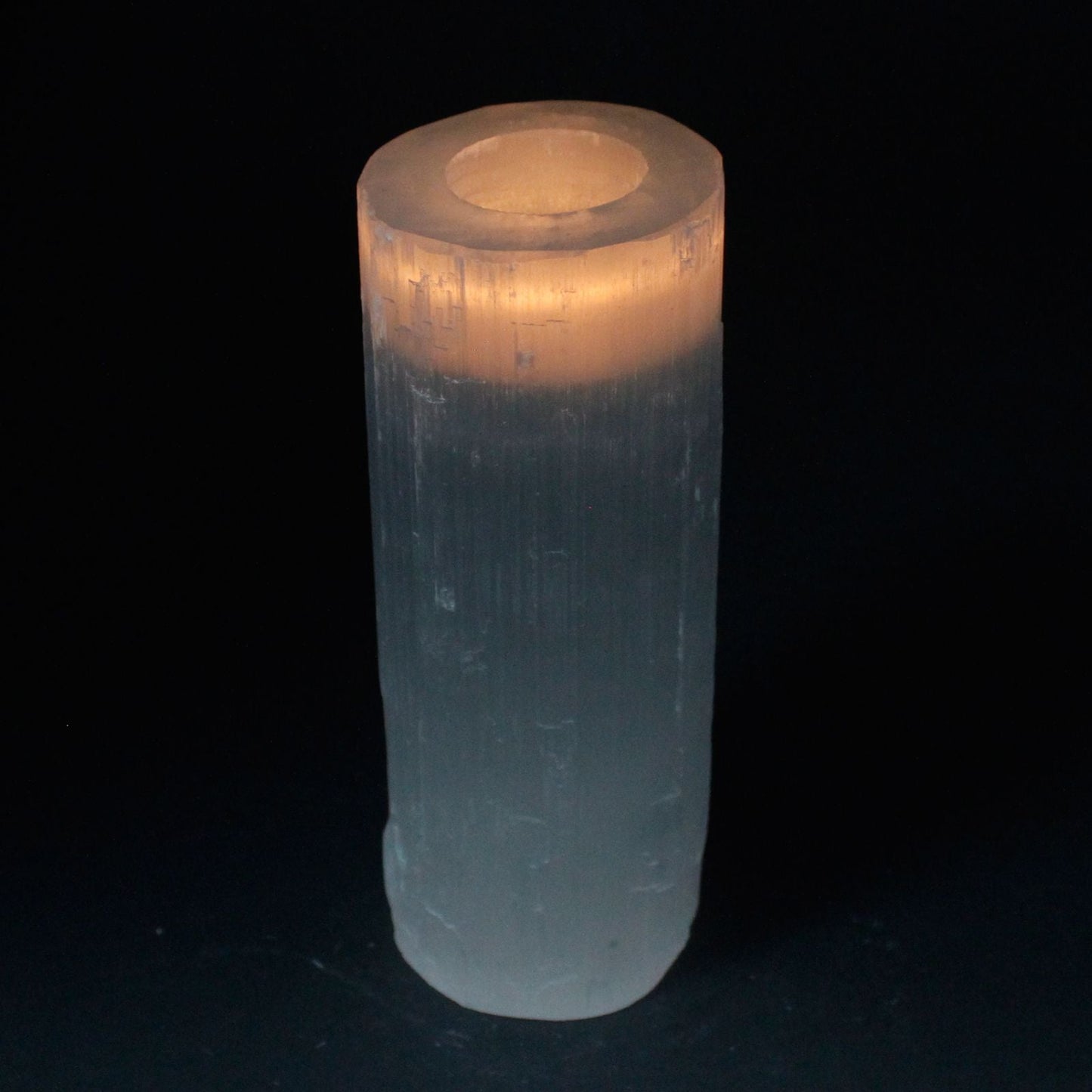Polished Selenite Cylinder Candle Holder 20 Cm featuring satin white sheen and fibrous texture - Positive Faith Hope Love