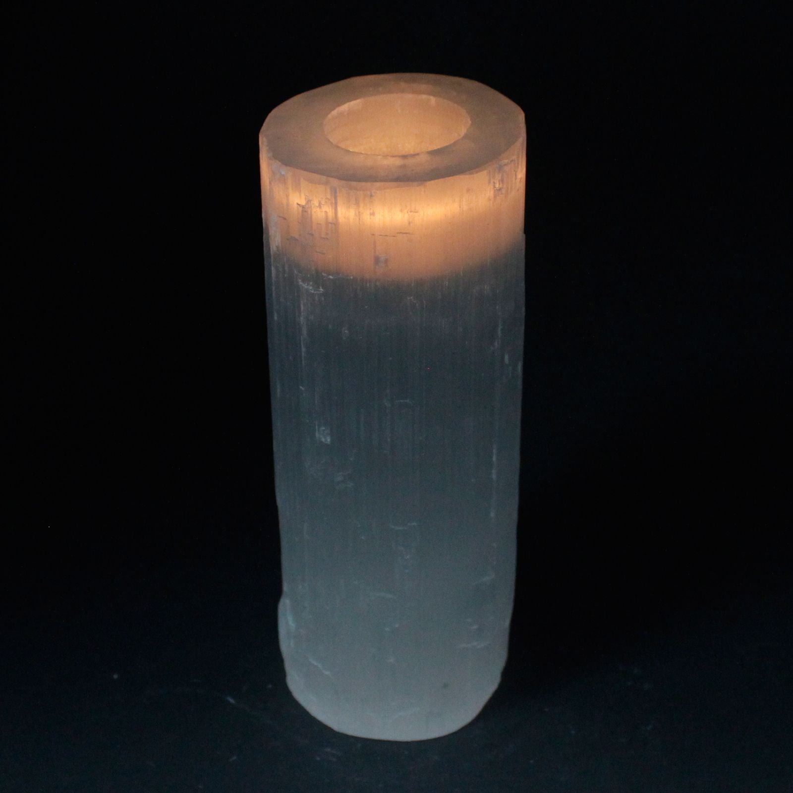 Polished Selenite Cylinder Candle Holder 20 Cm featuring satin white sheen and fibrous texture - Positive Faith Hope Love