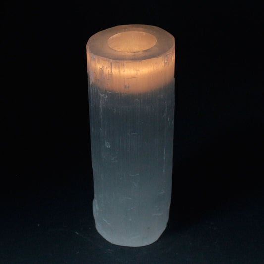 Polished Selenite Cylinder Candle Holder 20 Cm featuring satin white sheen and fibrous texture - Positive Faith Hope Love