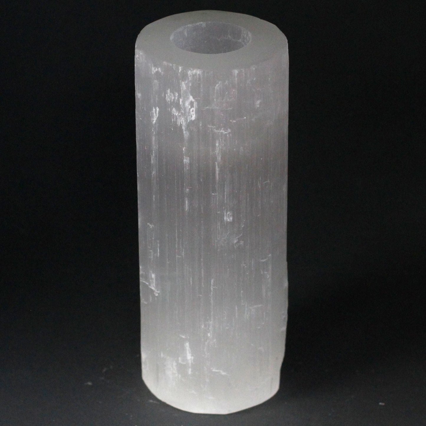 Polished Selenite Cylinder Candle Holder - 20 cm featuring satin white sheen and fibrous texture - Positive Faith Hope Love