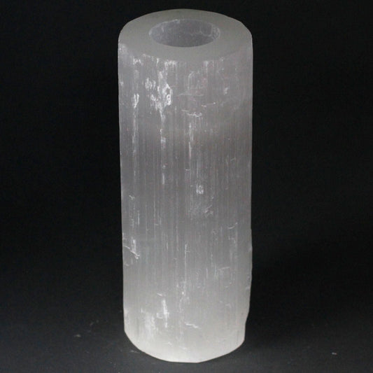 Polished Selenite Cylinder Candle Holder - 20 cm featuring satin white sheen and fibrous texture - Positive Faith Hope Love